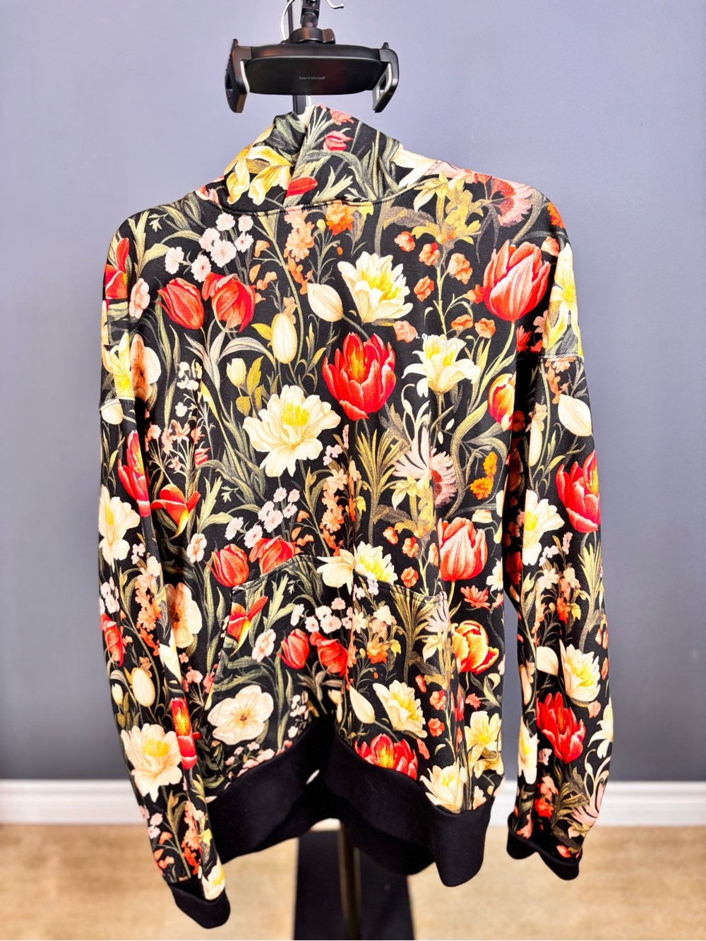 Men’s Print Black DESIGNER HOODIE with Red & Cream Blooms. Made in Auckland